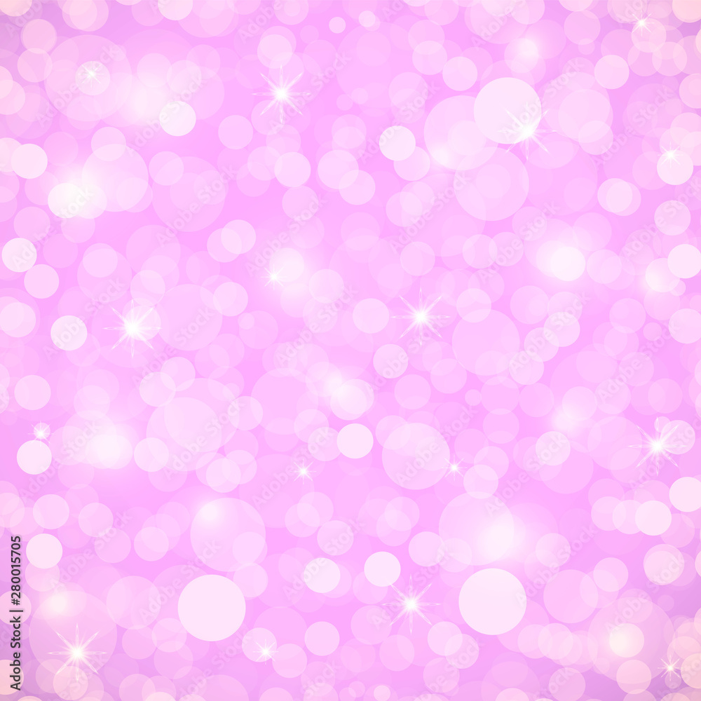 Beautiful pink background with bokeh lights, stars and sparkles. Vector illustration.