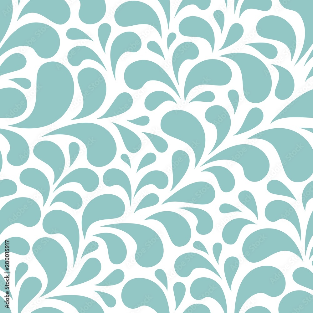 Seamless abstract pattern with blue and turquoise drops or petals on white background.