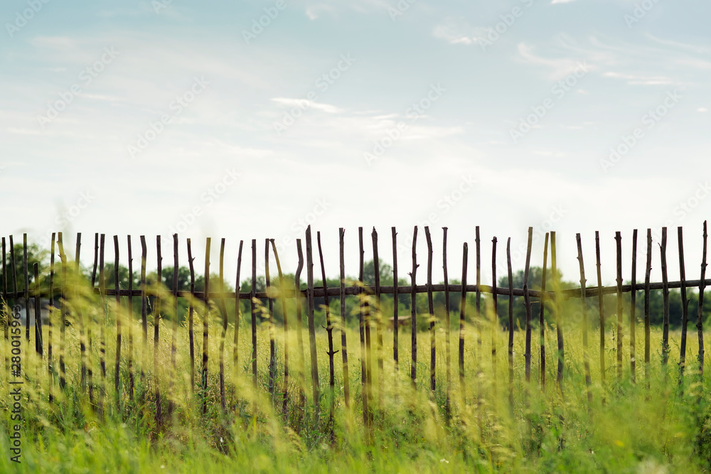 wooden fence of twigs among a blooming meadow and blue sky with clouds background