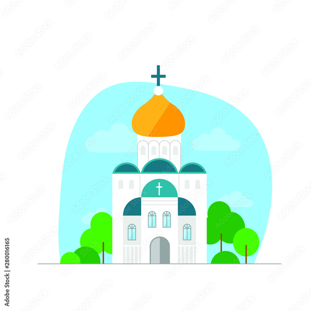 Christian Church with domes and crosses. Against the blue sky and clouds. Nearby there are trees and shrubs. Flat vector on white background.