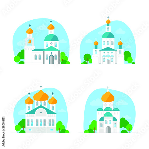 Set of four Christian churches.White temples with Golden domes against the blue sky. Flat vector