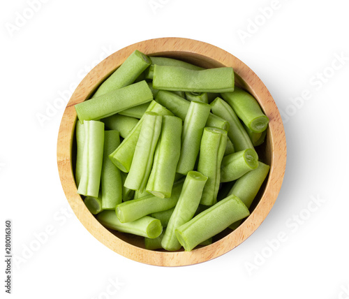 Long bean or cowpea in wood bowl isolated on white background. top view