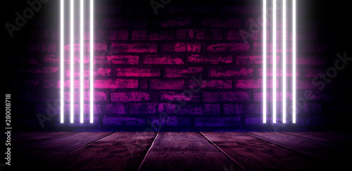 Background of an empty dark-black room. Empty brick walls, lights, smoke, glow, rays © MiaStendal