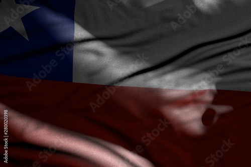 pretty image of dark Chile flag with folds lay in shadows with light spots on it - any holiday flag 3d illustration..