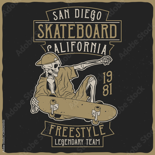Illustration of the skeleton on the skateboard. Vector illustration. T-shirt or poster design.
