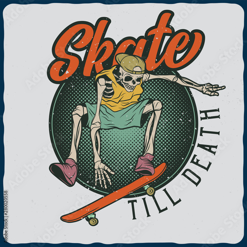 Illustration of the skeleton on the skateboard. Vector illustration. T-shirt or poster design.