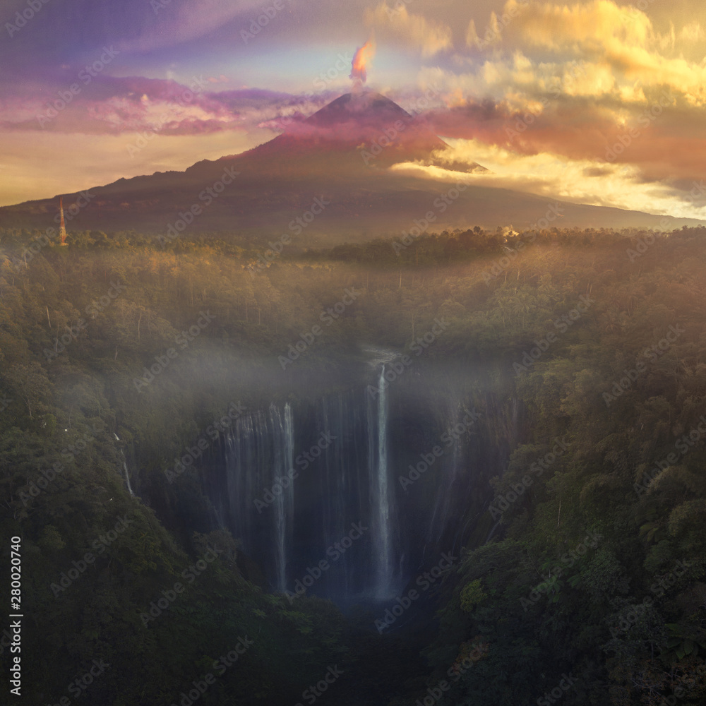 Εκτύπωση καμβά AERIAL: Sunrise time at Semeru volcano and Tumpak Sewu Waterfall, also called Co