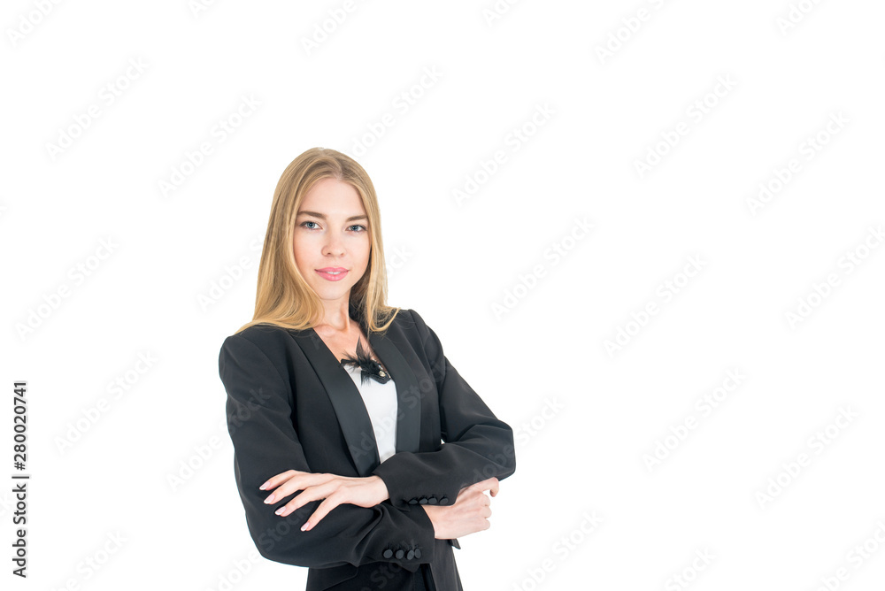 Full body portrait of happy beautiful young businesswoman, isolated on white background. Caucasian blond model in business success concept. Full body portrait of happy beautiful young businesswoman, isolated on white background. Caucasian blond model in business success concept.