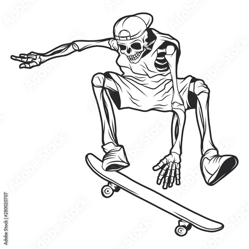 Isolated illustration of the skeleton on the skateboard. Vector black and white isolated illustration.