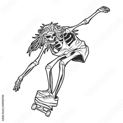 Isolated illustration of the skeleton on the skateboard. Vector black and white isolated illustration.