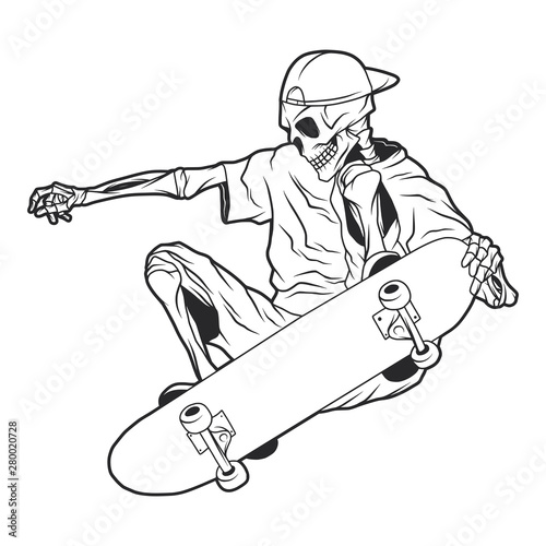 Isolated illustration of the skeleton on the skateboard. Vector black and white isolated illustration.
