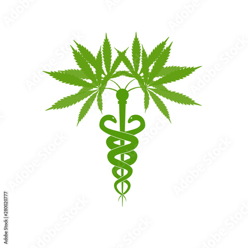 Medical marijuana plant caduceus concept symbol