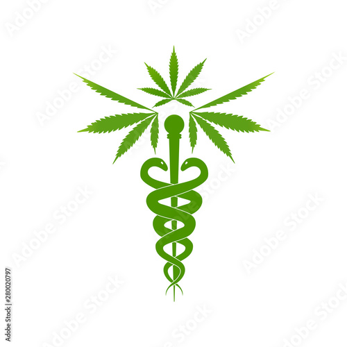 Medical marijuana plant caduceus concept symbol