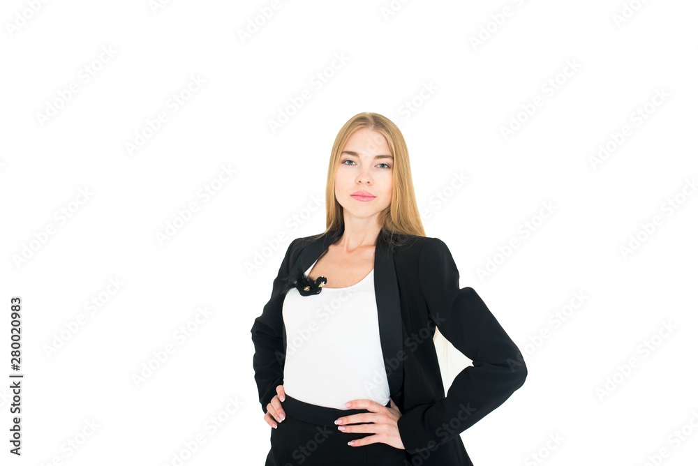 Full body portrait of happy beautiful young businesswoman, isolated on white background. Caucasian blond model in business success concept. Full body portrait of happy beautiful young businesswoman, isolated on white background. Caucasian blond model in business success concept.