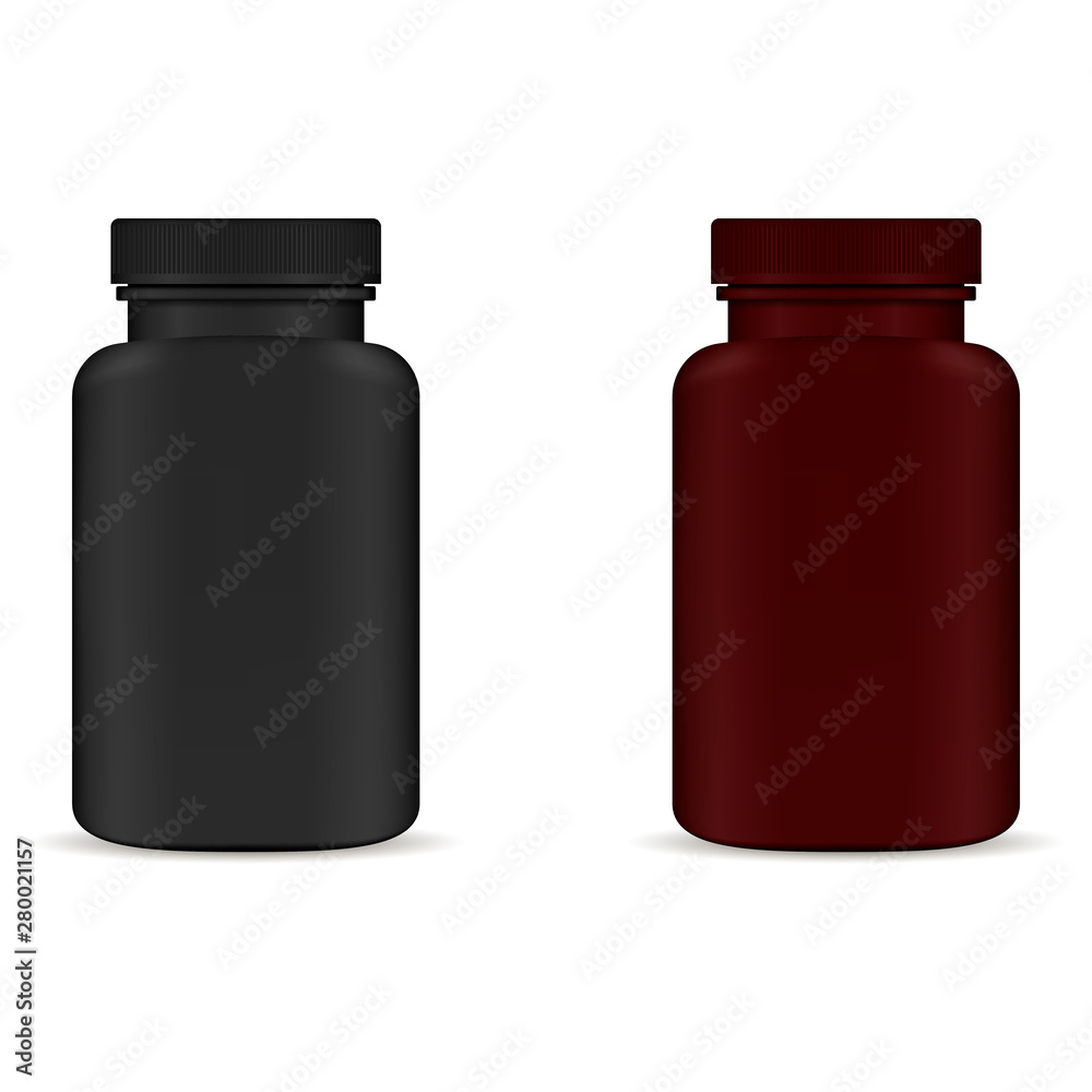 Supplement Pill Bottle. Aspirin Capsule Black and Brown Plastic Jar isolated on White Background. Pharmacy Packaging Template without Label for Vitamin or Remedy. Healthy Pharmaceutical Container Supplement Pill Bottle. Aspirin Capsule Black and Brown Plastic Jar isolated on White Background. Pharmacy Packaging Template without Label for Vitamin or Remedy. Healthy Pharmaceutical Container