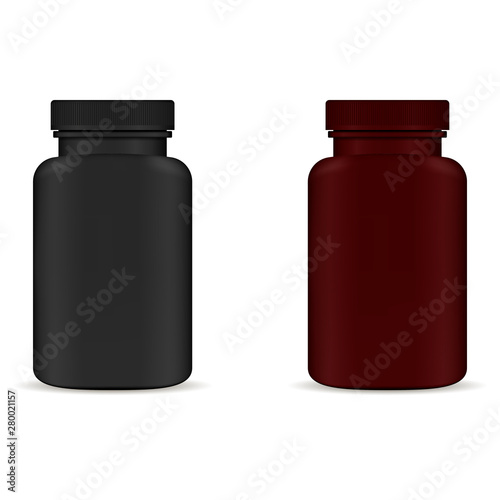 Supplement Pill Bottle. Aspirin Capsule Black and Brown Plastic Jar isolated on White Background. Pharmacy Packaging Template without Label for Vitamin or Remedy. Healthy Pharmaceutical Container