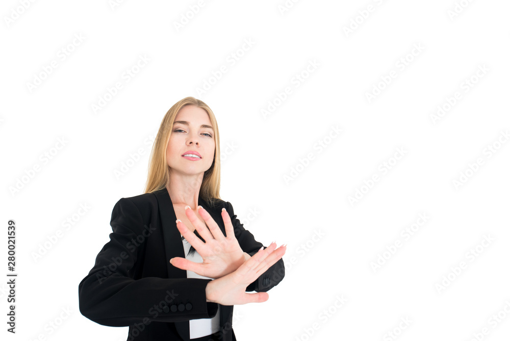 Full body portrait of happy beautiful young businesswoman, isolated on white background. Caucasian blond model in business success concept. Full body portrait of happy beautiful young businesswoman, isolated on white background. Caucasian blond model in business success concept.