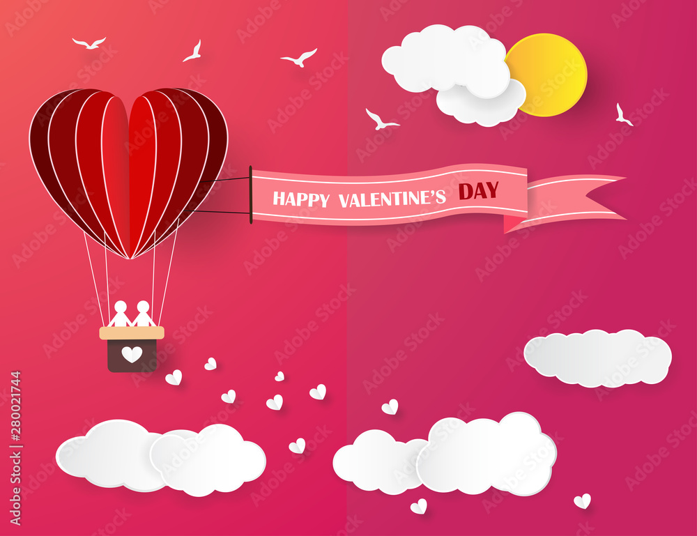 Valentine's day balloons in a heart shaped and Heart float on the sky.paper art style.Vector EPS 10.