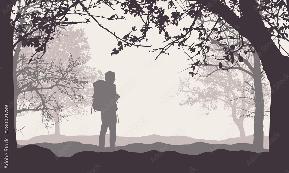 Realistic illustration of a man tourist with a backpack. Standing in forest among trees with branches under retro sky, vector
