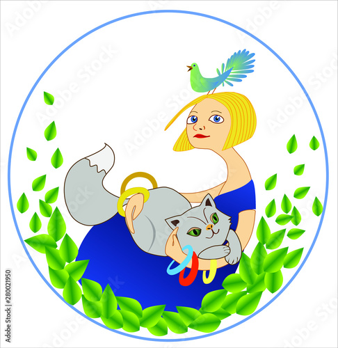 Girl with a cat and a bird.