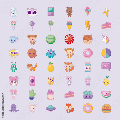 cute set icons style kawaii