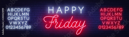 Happy Friday neon sign. Greeting card on dark background.