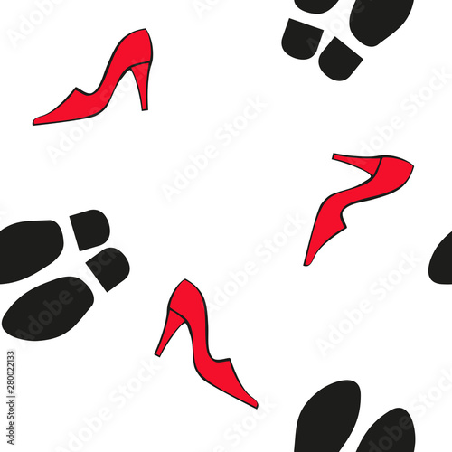 Silhouettes of shoes and soles. Seamless vector pattern in flat style.