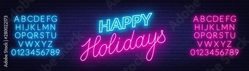 Happy holidays neon sign. Greeting card on dark background.