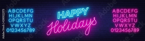 Happy holidays neon sign. Greeting card on dark background.