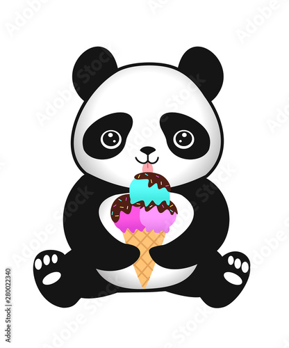 Cute cartoon baby panda with ice cream. Vector illustration.