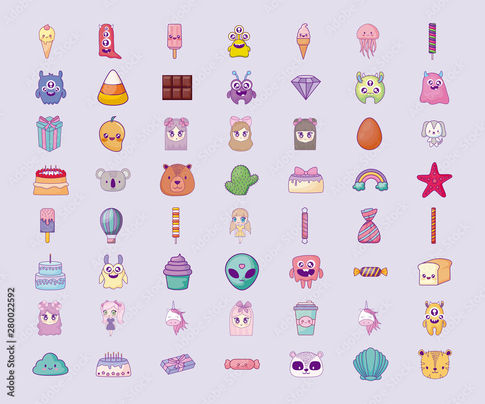 cute set icons style kawaii