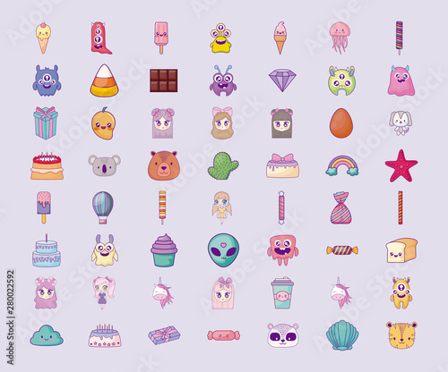 cute set icons style kawaii