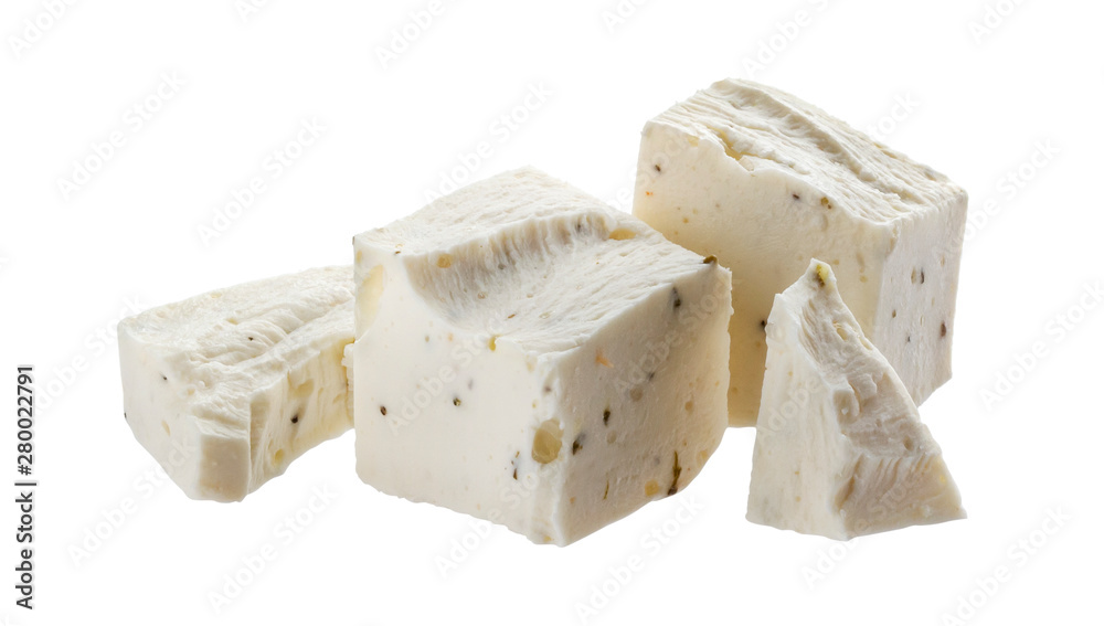Greek feta cubes, diced soft cheese isolated on white background
