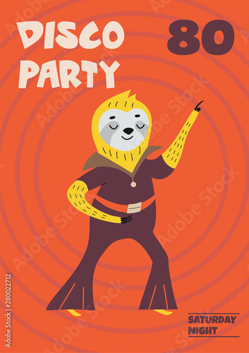 Cute hand drawn card or poster with cartoon sloth in retro style. Vector illustration with text. 