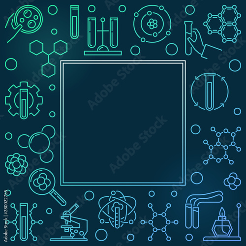 Vector Chemistry colorful square illustration with chemical linear icons and empty space on dark background