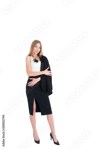 Full body portrait of happy beautiful young businesswoman, isolated on white background. Caucasian blond model in business success concept. © freshstockplace