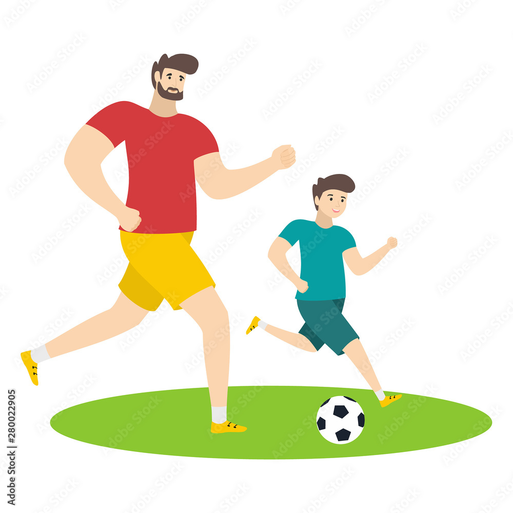 Father and son playing football. Cartoon characters isolated on white background. Vector illustration.