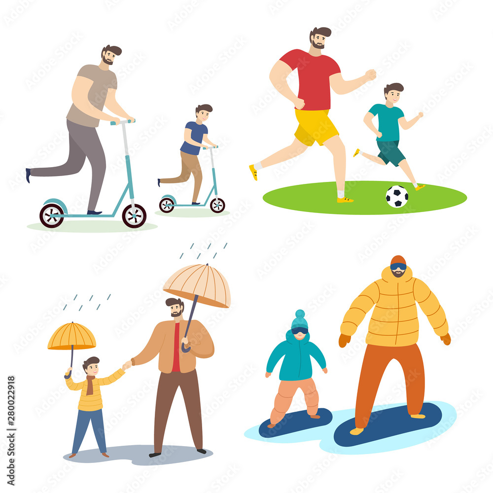 Collection of father and son  illustrations spending the weekend together. Cartoon vector characters isolated on white background.