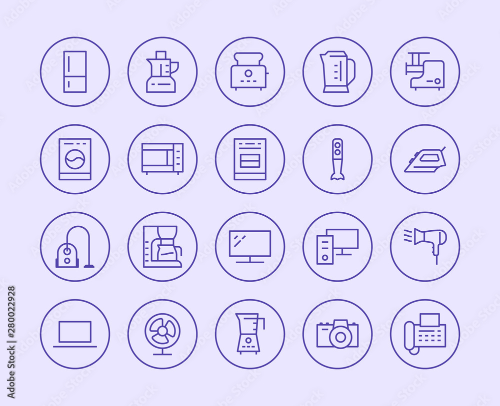 Household Appliances, Electronics Store Line Icon. Vector Illustration Flat style. Included Icons as Microwave Oven Stove, Iron, Vacuum Cleaner, Washer, Computer Household Appliances, Electronics Store Line Icon. Vector Illustration Flat style. Included Icons as Microwave Oven Stove, Iron, Vacuum Cleaner, Washer, Computer