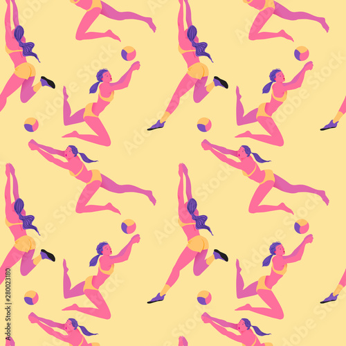 Beach volleyball pattern. Girls in bikini playing. Sports woman textile and wrap background. Vector stylish flat illustration seamless pattern.