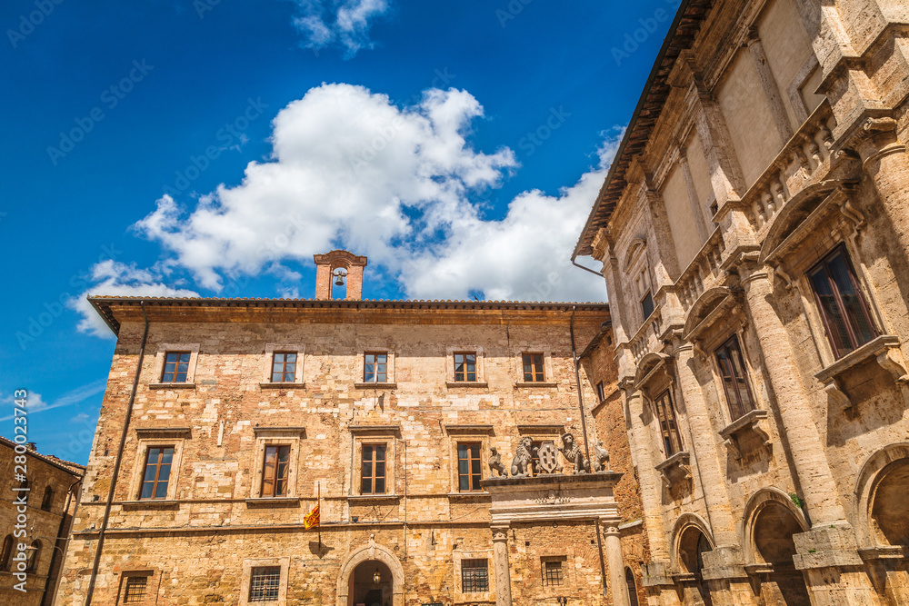 Piazza Grande, a main square in Montepulciano, a town in the province of Siena in the Val d'Orcia in Tuscany, Italy, Europe.