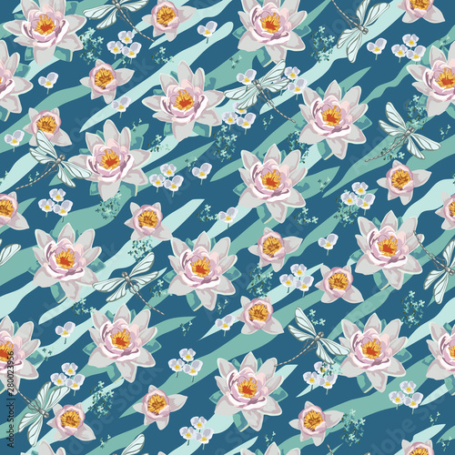 Seamless vintage pattern for gift wrap and fabric design with dragonflies and lotos