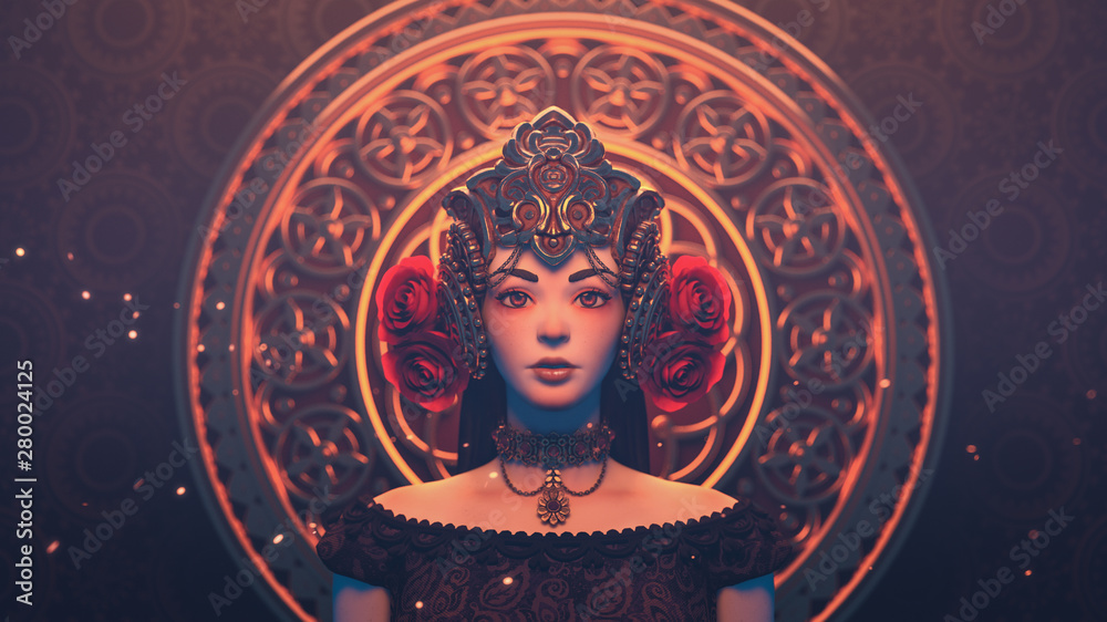 Ilustrace „3d illustration of a beautiful sad brunette girl in a fantasy  crown standing against a golden ornament in oriental style. Close-up  portrait of medieval empress with decorative golden crown with roses“ ze