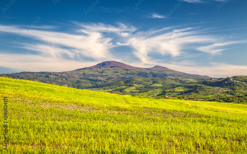 Landscape with Monte Amiata hill in Val d'Orcia region of Tuscany, Italy.