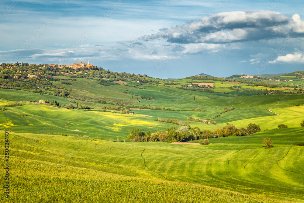 Pienza town and surrounding landscape in Val d'Orcia region of Tuscany, Italy.