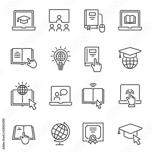 Online education line icons set. Black vector illustration. Editable stroke.