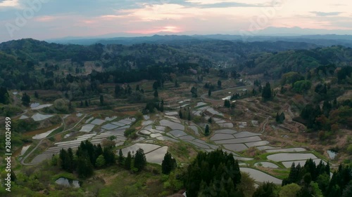 Aerial view of Hoshitoge terrace rice paddies at sunrise photo
