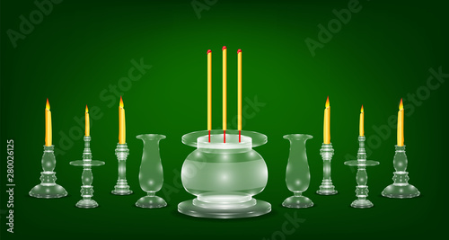 luxury white emerald crystal glass incense flower candle vase base. green color background. vector illustration eps10