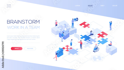 Brainstorm and teamwork - colorful isometric vector web banner