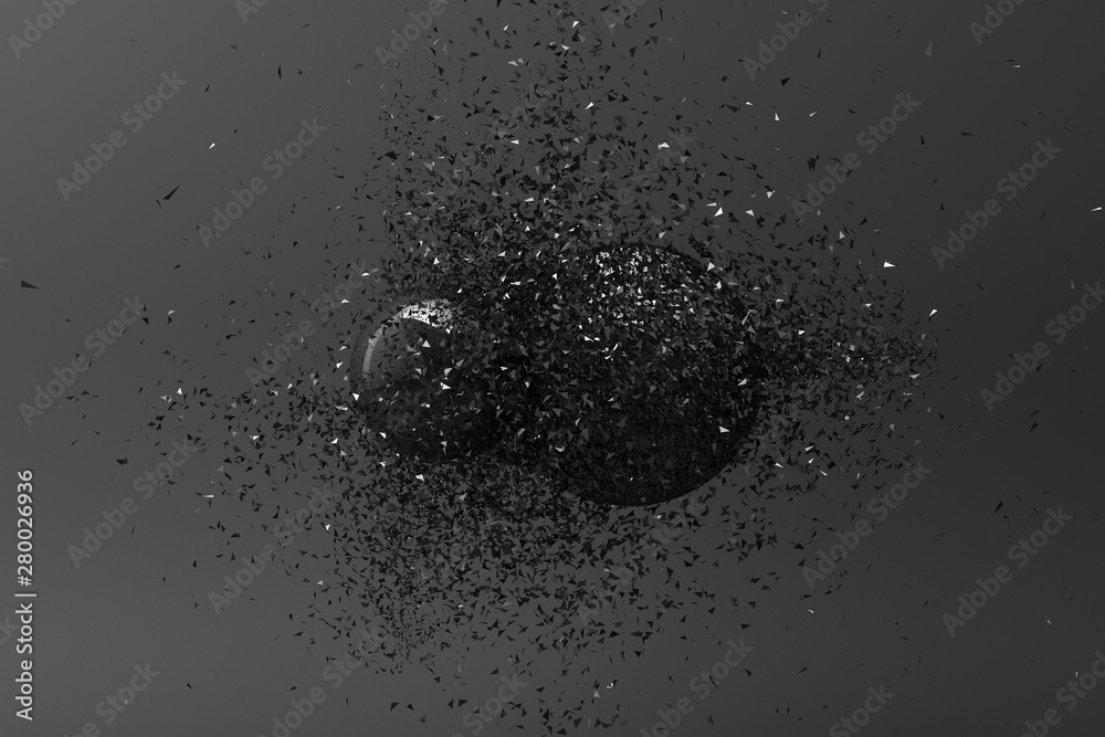 Two balls clashing together resulting in smashed breakup on black background. 3d rendering Two balls clashing together resulting in smashed breakup on black background. 3d rendering
